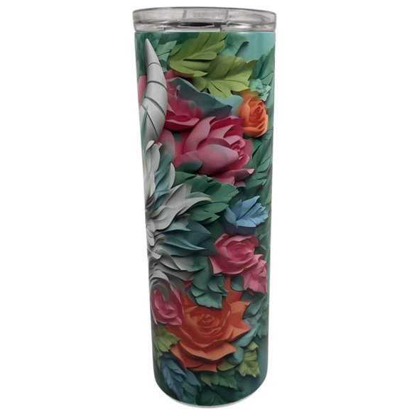 Skinny Tumbler 20oz 3D Dragon Colorful Paper Dragon and Flowers Stainless-Steel - Picture 4 of 10
